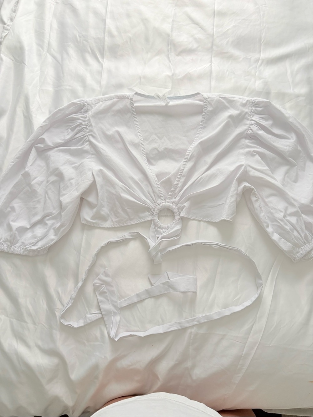 Otherwild White Puff Sleeve Crop Top with O-Ring Front